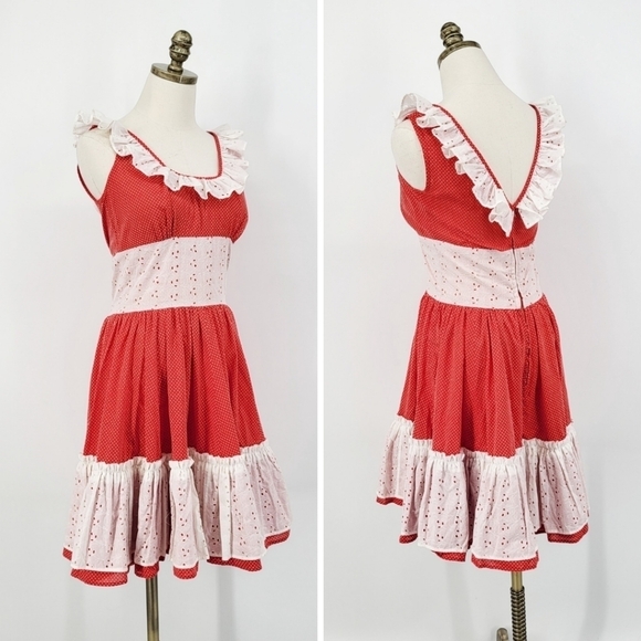 Vintage Handmade Prairie Dress Ruffled Polka Dot Red White Small - Picture 1 of 8